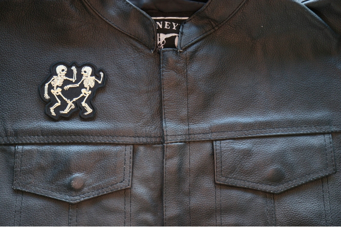 Rave Skeletons Dancing Patch, Skull Patches shown on leather vest