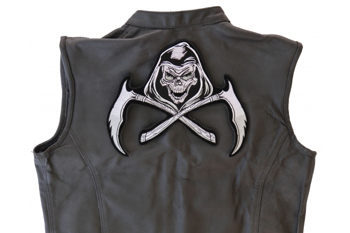 Reaper and Scythes Patch, Large Skull Patches for Biker Jackets shown on leather vest
