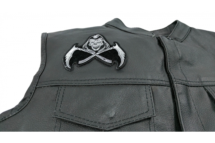 Reaper Skull Scythe Patch, Biker Skull Patches shown on leather vest