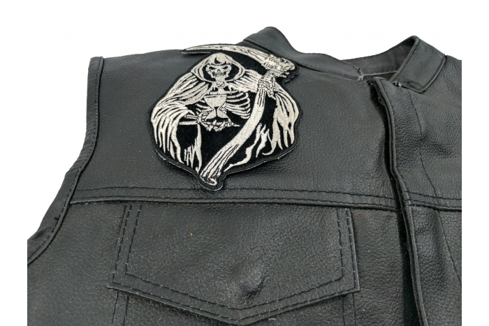 Sand Clock Reaper Skull Patch, Biker Skull Patches shown on leather vest