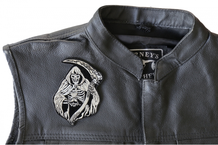 Reaper Skull Patch, Biker Skull Patches shown on leather vest