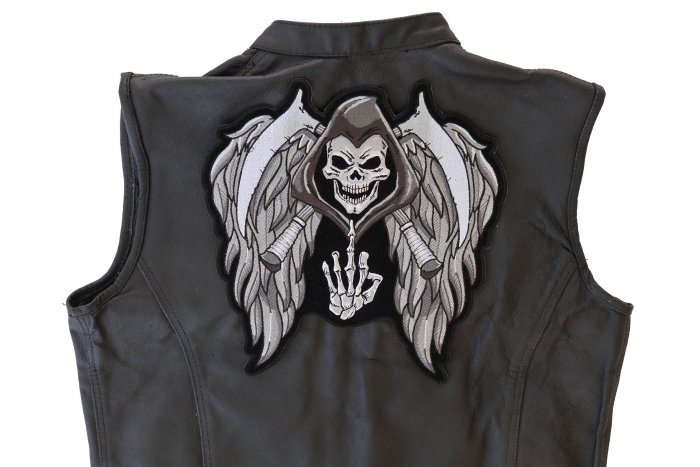Skull Middle Finger Wings and Sickles Patch, Large Skull Patches for Biker Jackets shown on leather vest
