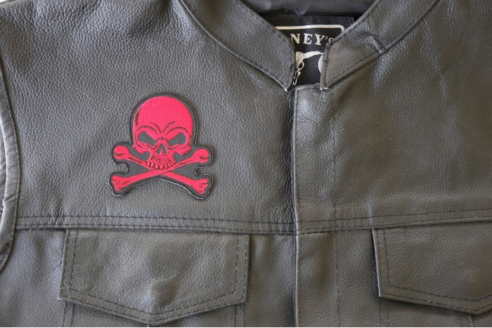 Red Skull and Crossbones Patch, Biker Skull Patches shown on leather vest