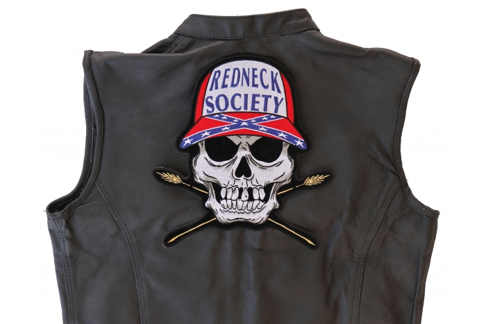Redneck Society Skull Large Back Patch - 10x10.8 inch shown on leather vest