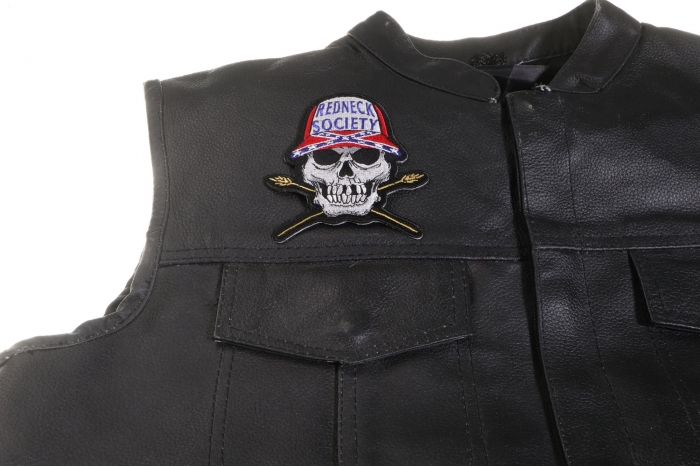 Redneck Society Rebel Flag Skull Patch, Skull Patches shown on leather vest