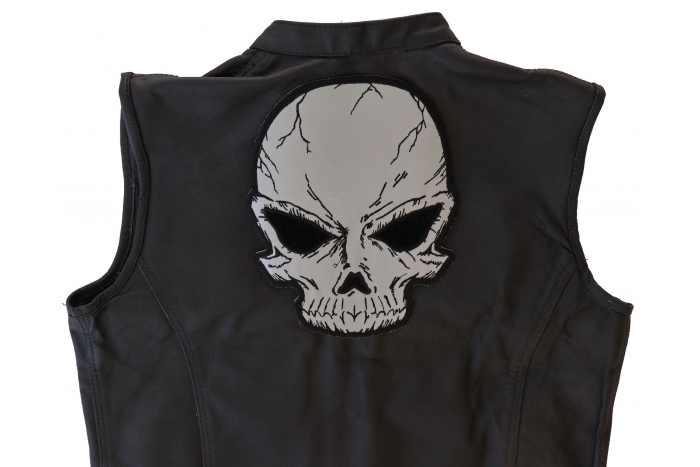 Reflective Skull Patch, Large Skull Patches for Biker Jackets shown on leather vest