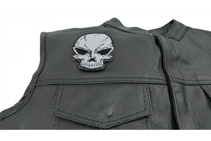 Reflective Skull Patch, Biker Skull Patches shown on leather vest