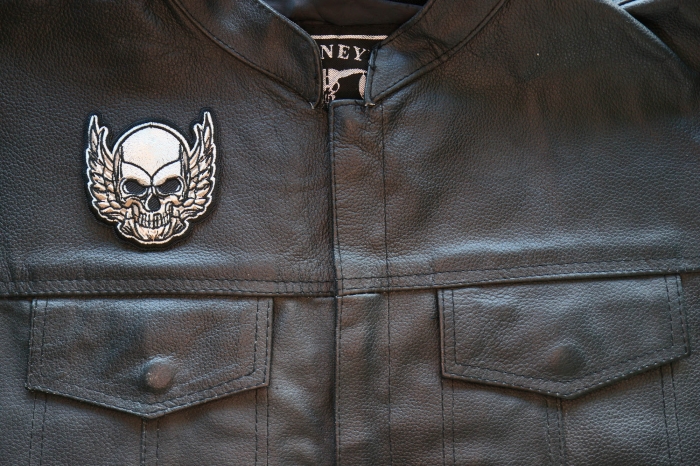 Rising Wing Skull Patch, Biker Skull Patches shown on leather vest
