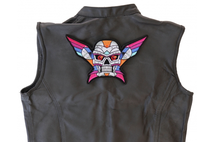 Robotic Skull Patch, Large Skull Patches for Back of Vests shown on leather vest