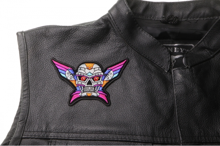 Robot Skull Patch, Skull Patches shown on leather vest