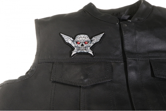Robot Skull Patch, Skull Patches shown on leather vest