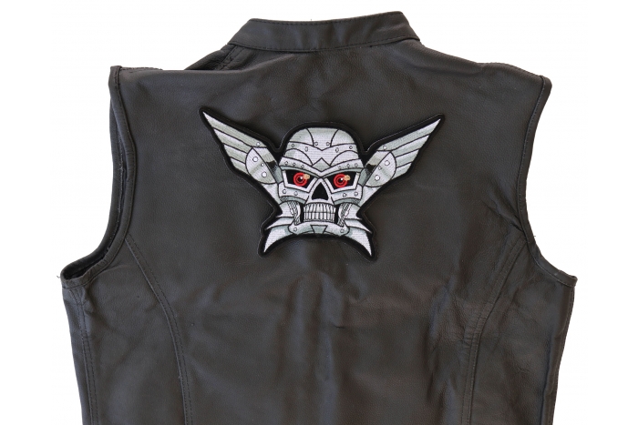 Robot Skull Patch, Large Skull Patches for Back of Vests shown on leather vest
