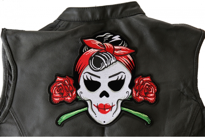 Girly Skull and Roses Patch, Large Skull Patches for Back of Vests shown on leather vest