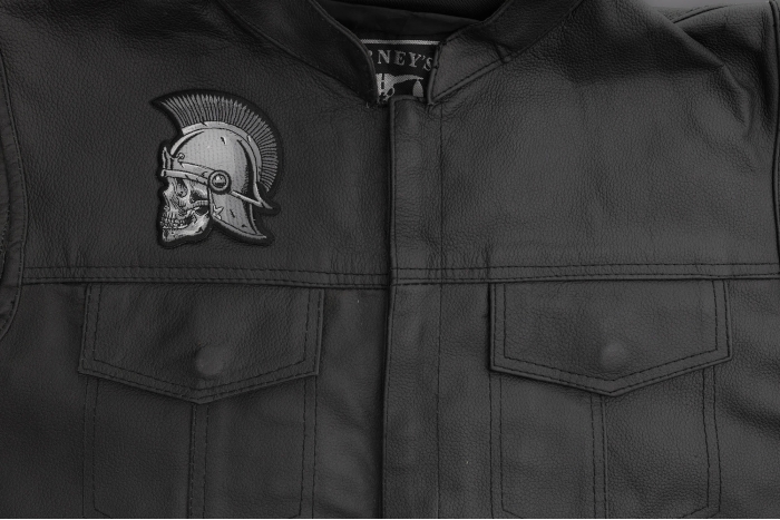 Roman Skull Patch shown on leather vest