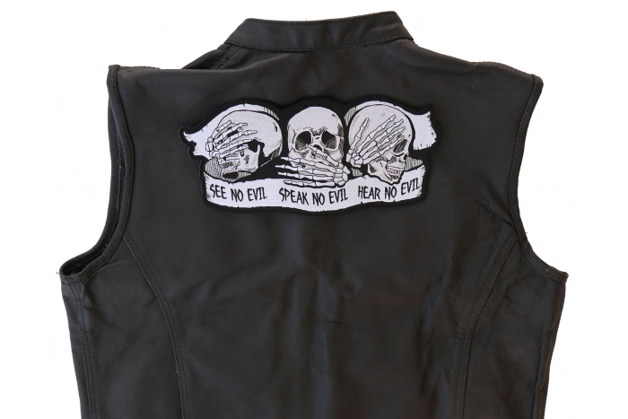 See No Evil Speak No Evil Hear No Evil Skull Patch, Large Skull Patches for Biker Jackets shown on leather vest