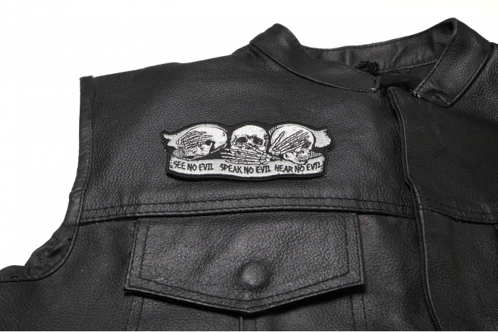 See No Evil Speak No Evil Hear No Evil Skull Patch, Biker Skull Patches shown on leather vest