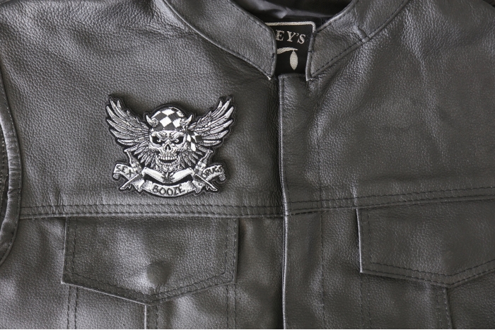 Winged Skull Sex Booze and Drugs Patch, Biker Skull Patches shown on leather vest