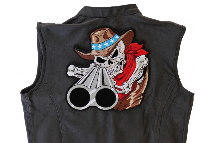 Cowboy Hat Skull and Shotgun Patch, Large Skull Patches for Biker Jackets shown on leather vest