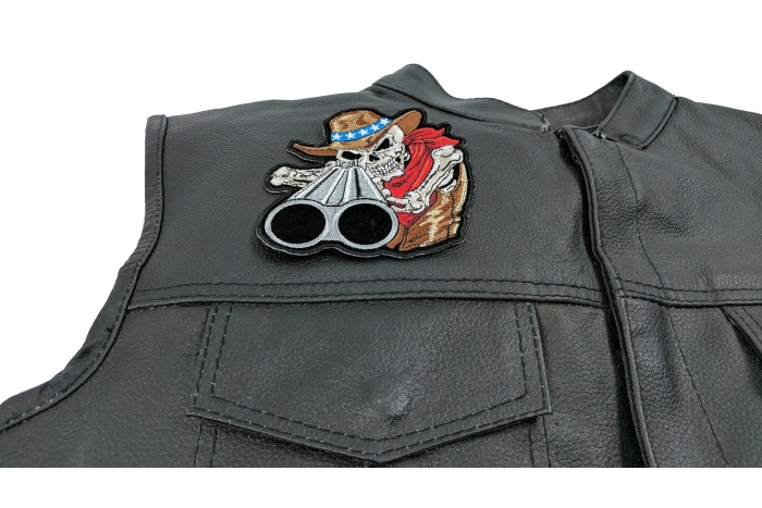 Shotgun Skull Cowboy Patch, Biker Skull Patches shown on leather vest
