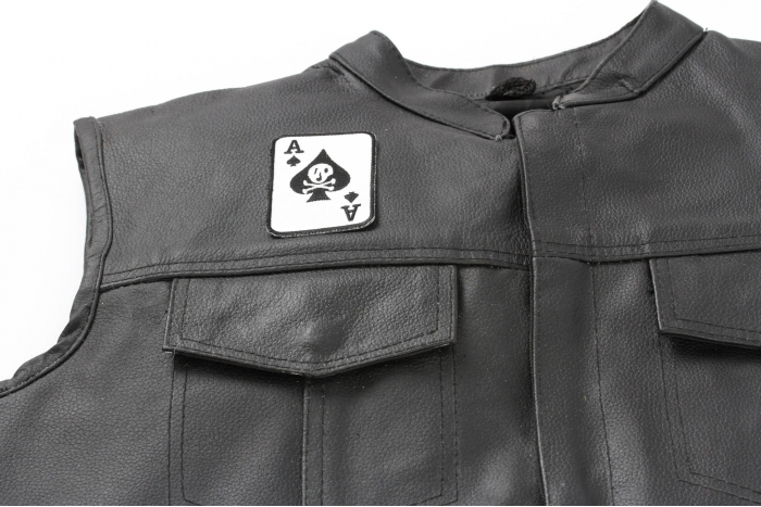 Skull Ace Of Spades Patch, Skull Patches shown on leather vest