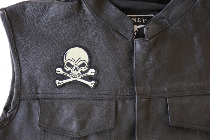Skull and Cross Bones Patch, Biker Skull Patches shown on leather vest