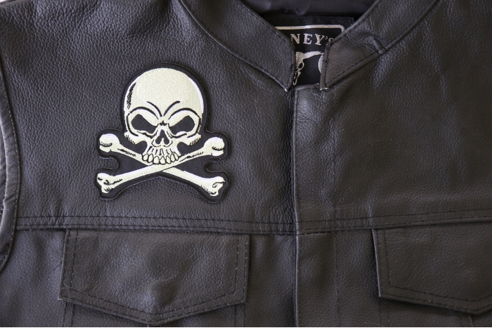 Skull and Crossbones Patch, Biker Skull Patches shown on leather vest