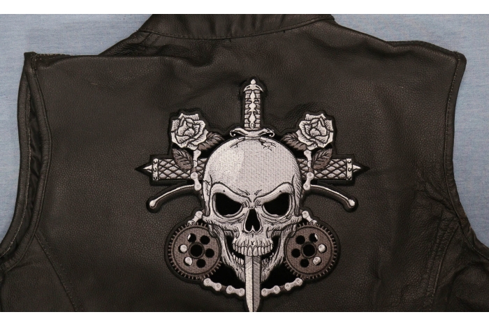 Skull and Roses Patch shown on leather vest