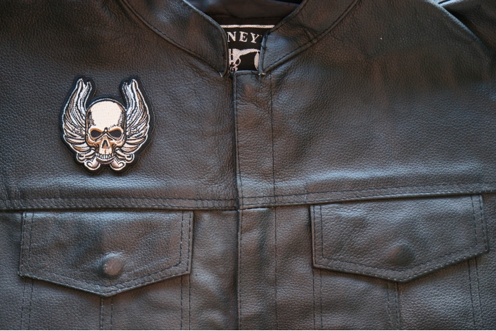 Skull and Wings Patch, Biker Skull Patches shown on leather vest