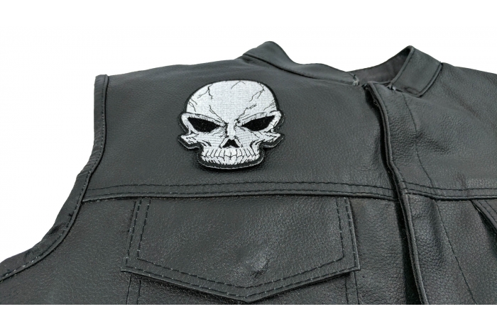 Small Cracked Skull Patch Grey - Iron on Patch - 3x3.75 inch shown on leather vest