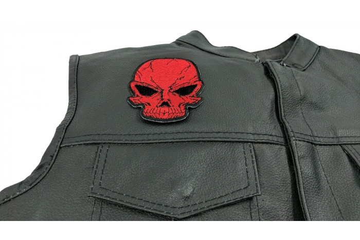 Small Cracked Skull Patch Red - Iron on Patch - 3x3.75 inch shown on leather vest