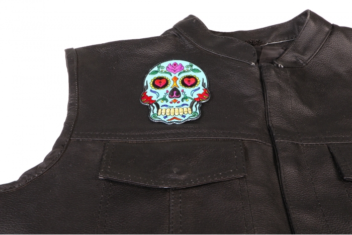 Sugar Skull Patch, Skull Patches shown on leather vest