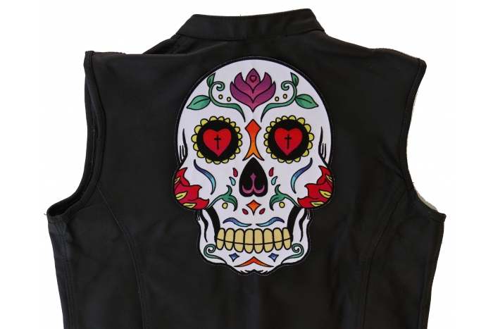 Sugar Skull Patch, Large Skull Patches for Back of Vests shown on leather vest
