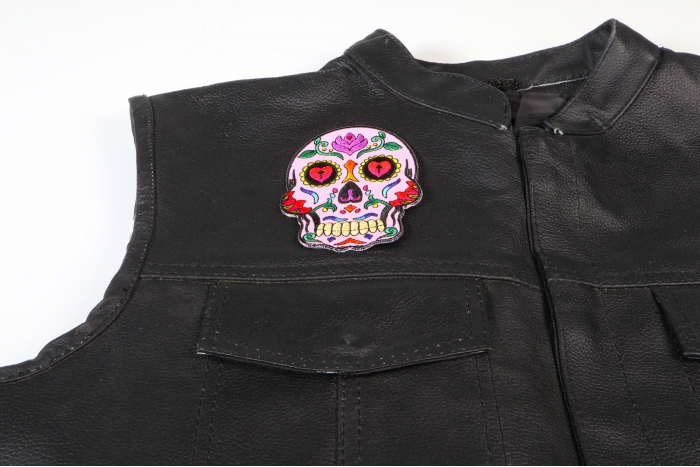 Sugar Skull Patch, Skull Patches shown on leather vest