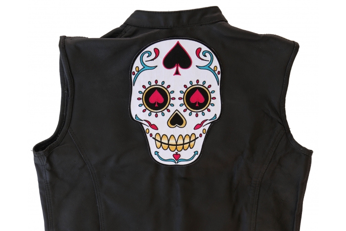 Sugar Skull Spades Large Back Patch - Iron on Patch - 7.25x10 inch shown on leather vest