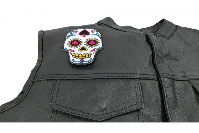 Sugar Skull Patch, Skull Patches shown on leather vest