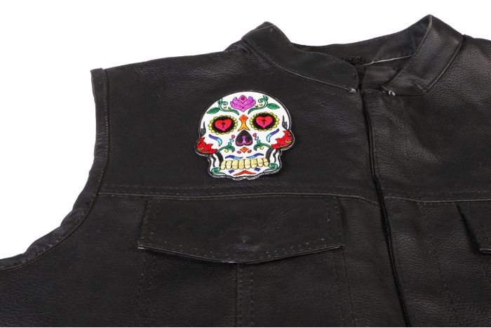 Sugar Skull Patch, Skull Patches shown on leather vest