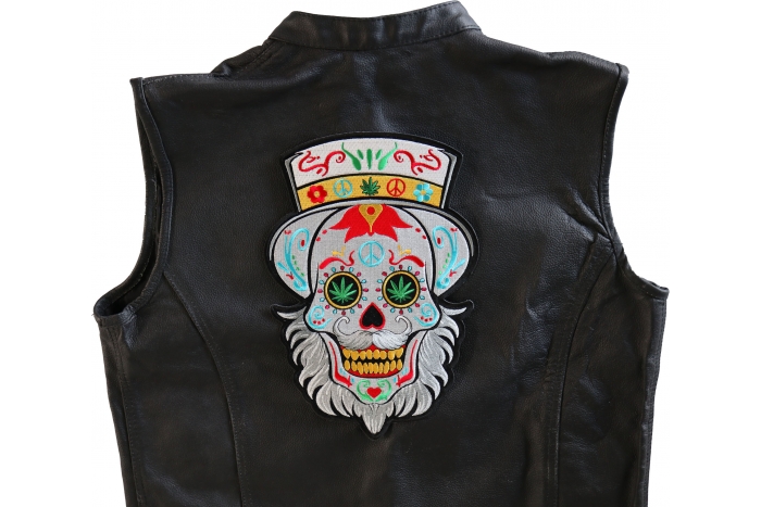 Bearded Sugar Skull Patch, Large Skull Patches for Back of Vests shown on leather vest