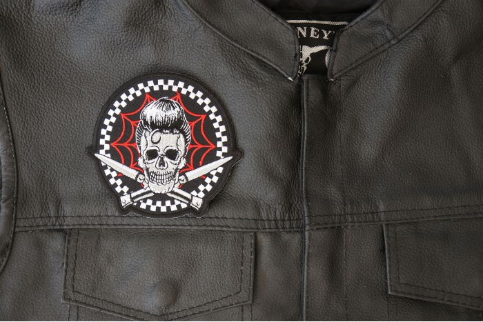 Elvis Hair Skull, Web and Switchblades Patch, Skull Patches shown on leather vest