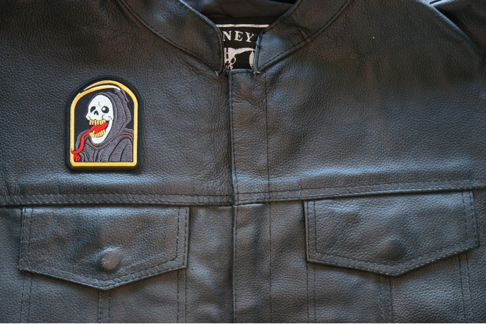 Tongue Reaper Patch, Skull Patches shown on leather vest