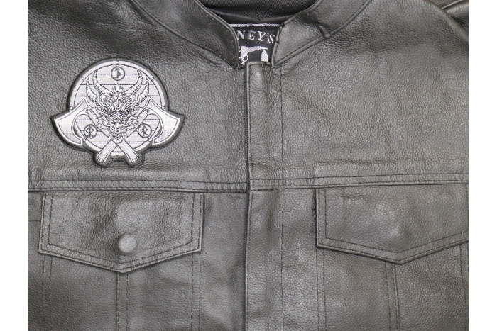 Viking Dragon and Axes Patch shown on leather vest