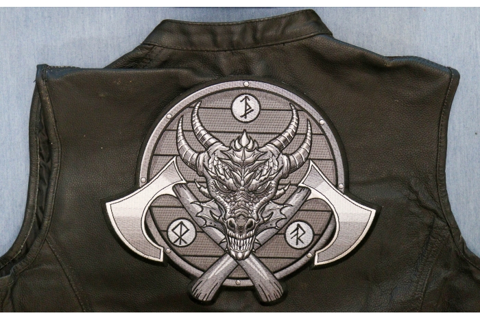 Viking Dragon and Axes Patch shown on leather vest