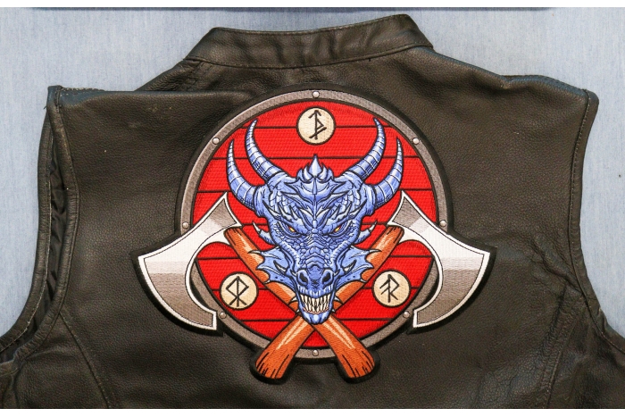 Viking Dragon and Axes Patch shown on leather vest