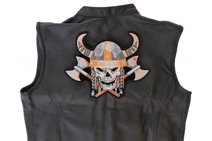 Viking Skull Patch, Large Skull Patches for Biker Jackets shown on leather vest