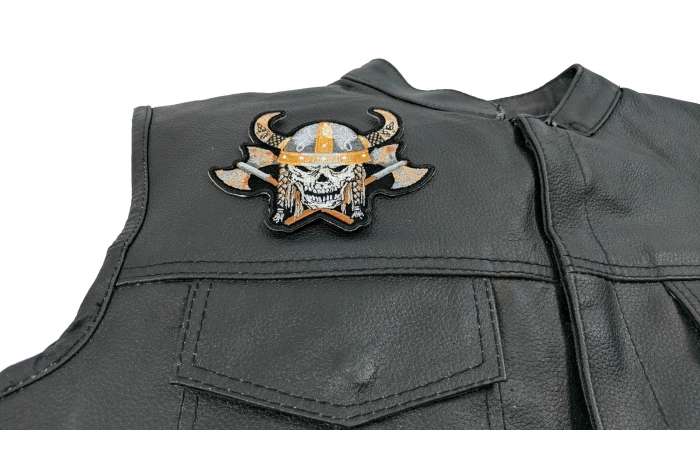 Viking Warrior Axes Skull Patch, Skull Patches shown on leather vest