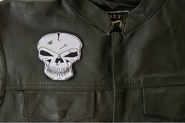 Gray Skull Patch, Skull Patches shown on leather vest