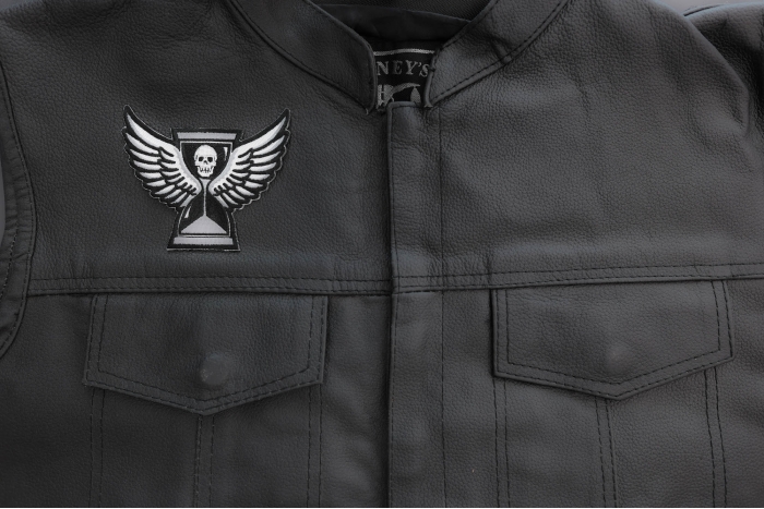 You are out of time pirate patch shown on leather vest