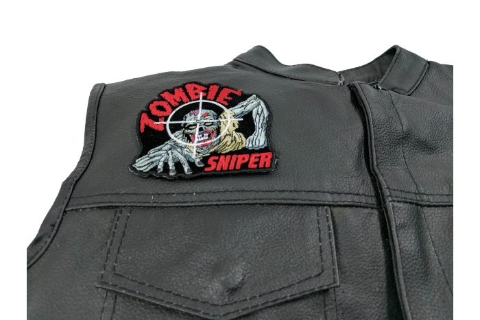 Zombie Sniper Small Patch - Iron on Patch - 4x3.8 inch shown on leather vest