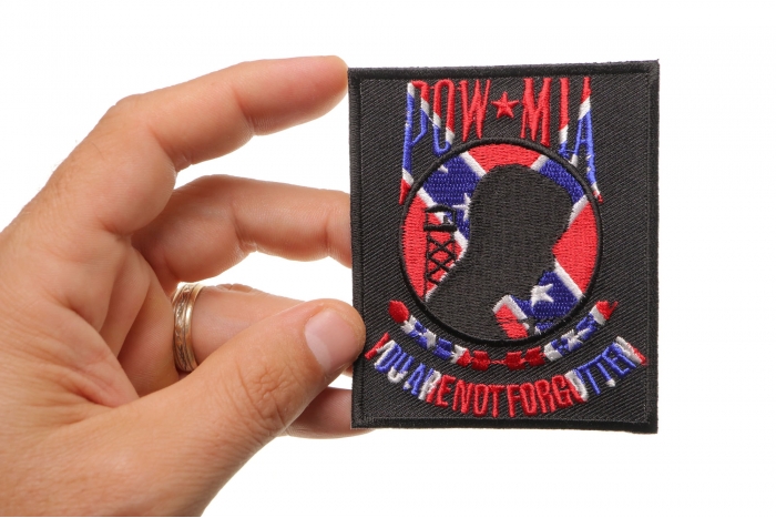 Confederate POW MIA Patch shown on hand for size comparison