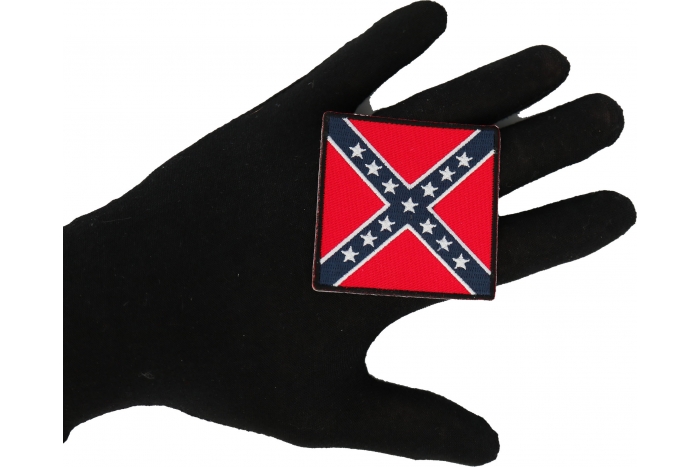 Historical Square Rebel Flag Iron on Patch shown on hand for size comparison