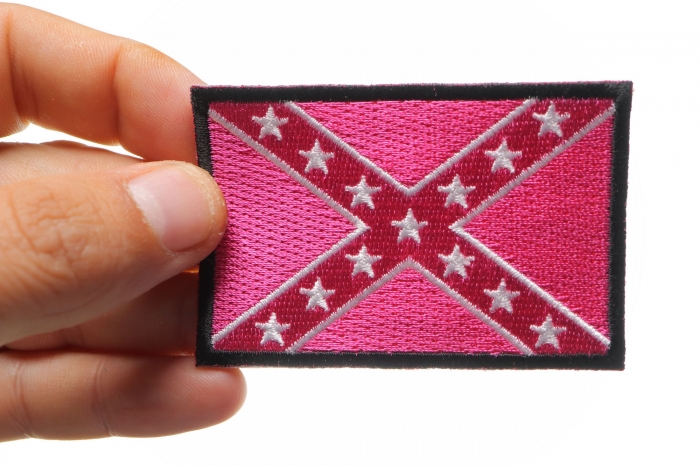 Pink Rebel Flag Patch shown on hand for size comparison